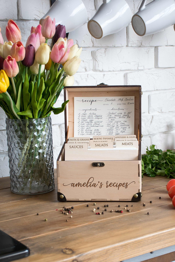 Recipe Card Box With Dividers & Cards Mothers Day Gift Personalized Wooden Storage Moms Birthday Kitchen Decor