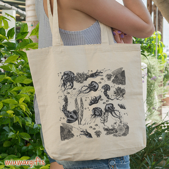 Jellyfish Cotton Tote Bag, Fish Design By Miumaxgift, Ocean Life Eco-Friendly Animal Bag