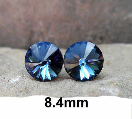 Denim Blue Rhinestone Stud Earrings, Jean Colored Studs, 8.4mm Rivoli Crystal Studs