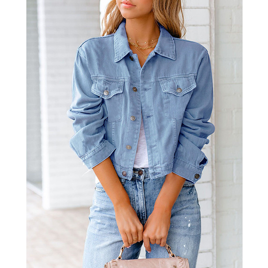 New cotton blend solid denim jacket long sleeve top - Light Blue, M