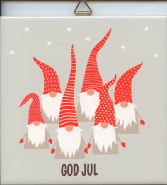Swedish Norwegian Danish God Jul Gnomes Tomtar Ceramic Tile ~ Trivet Hot Pad #812