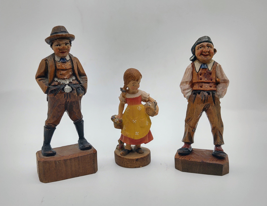 Vintage Anri Wooden Carved Man Pirate Girl With Kitten Figures