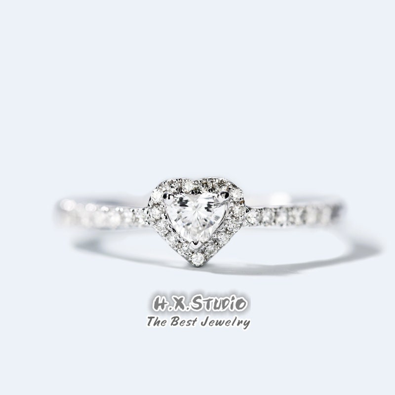 Diamond Halo Engagement Ring in 18K Gold/Heart Shape Half Eternity Ring/Bridal Jewelry/Custom Jewelry/Gift For Women & Girls