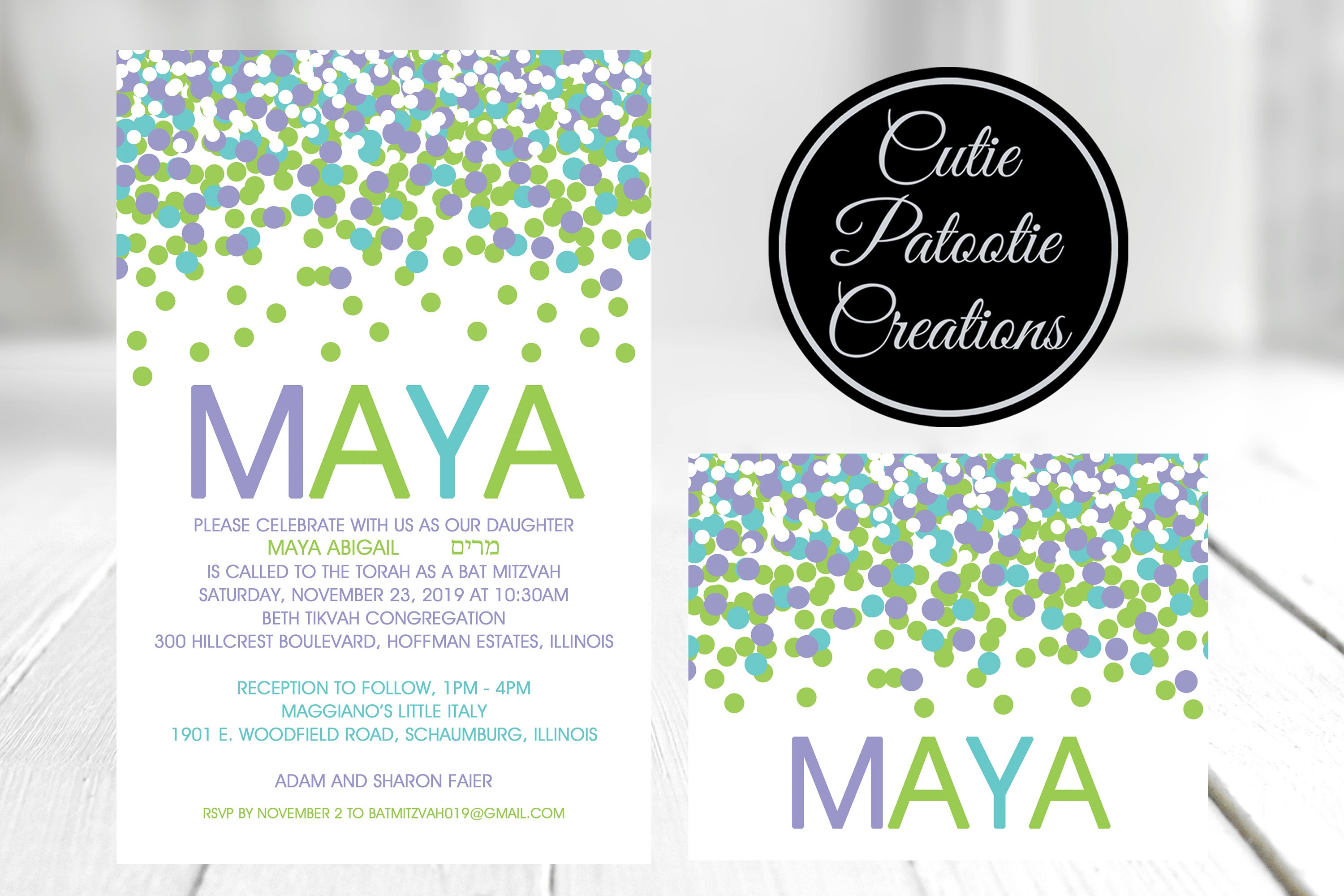 Bat Mitzvah Invitations - Green, Lavender & Aqua Turquoise Blue Confetti Custom Colors Available