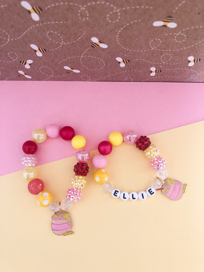 Honey Pot Kids Bracelet, Personalized Charm Bracelet Toddler Custom Name, For Girls, Dress Up, Stretch