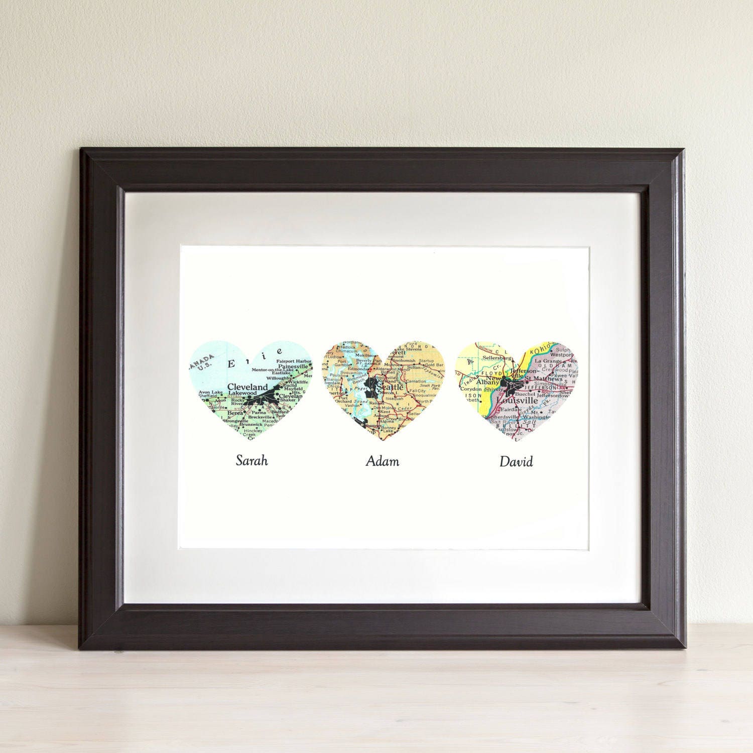 Custom Three Heart Map Art Print. Print Only No Frame. You Select Locations Worldwide & Personalized Text. Engagement Anniversary Gift