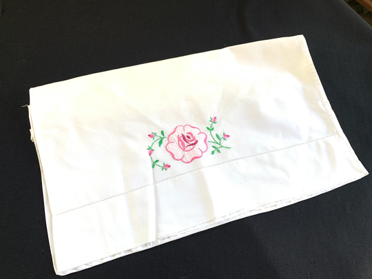 Vintage Single Orphaned White Cotton Blend Pillowcase With Hand Embroidery & Appliqué Pink Roses & Rosebuds