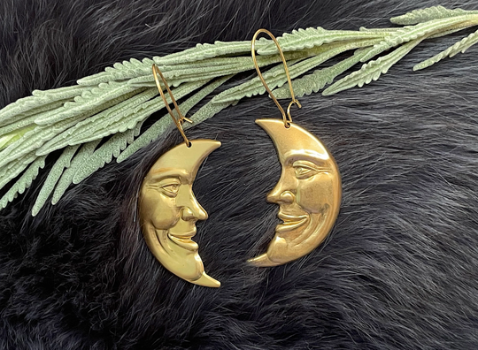 Large Gold Brass Moon Face Earrings, Handmade, Plated Kidney Ear Wires
