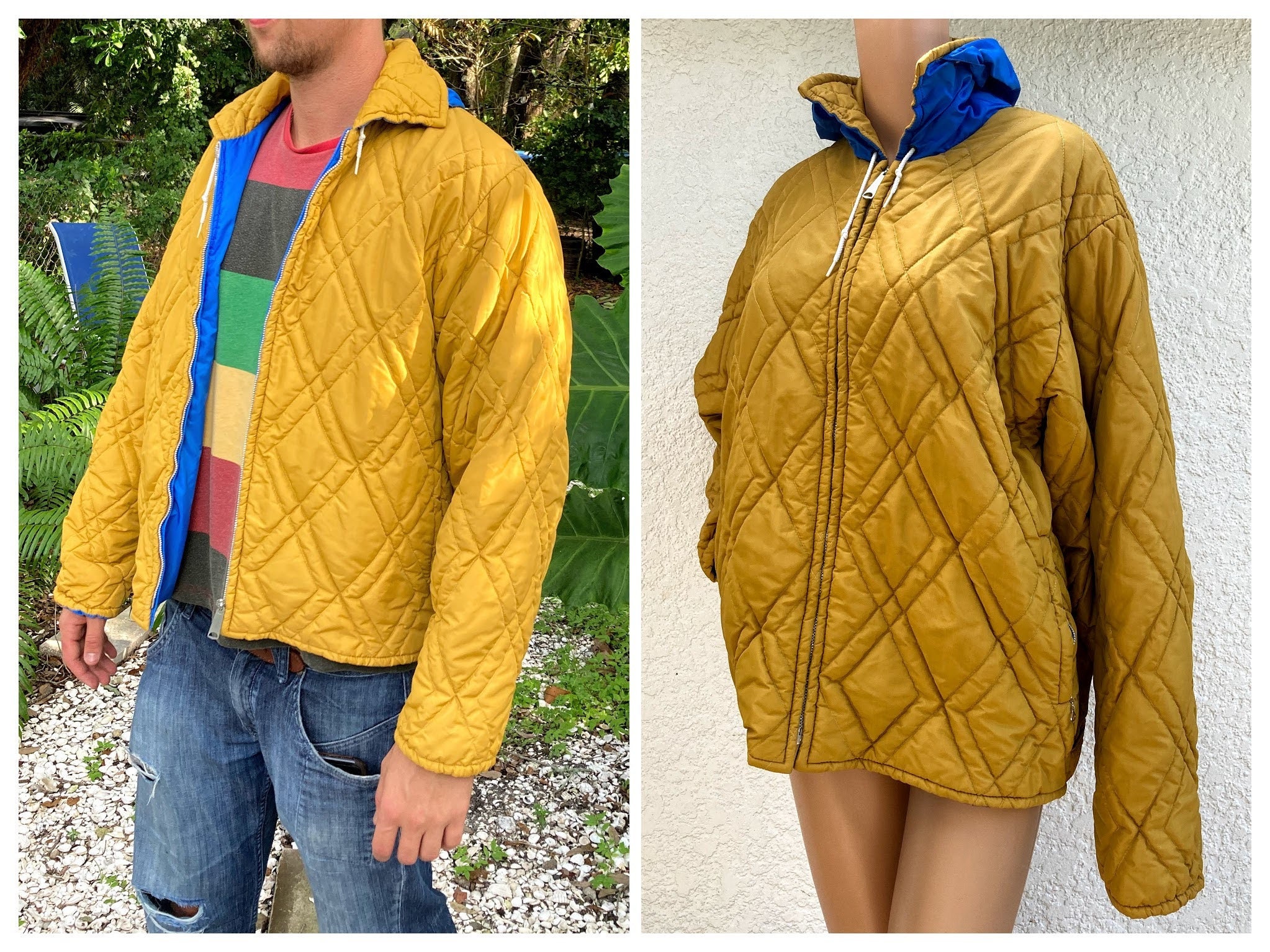 Men's L 70S Puffer Jacket With Hood By Sportcaster, Reversible, La Rams Colors, Rain Resistant, Measurements in Description