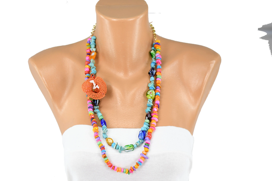 Raw Natural Crystal Woman Necklace With Needle Lace Flowers, Beaded