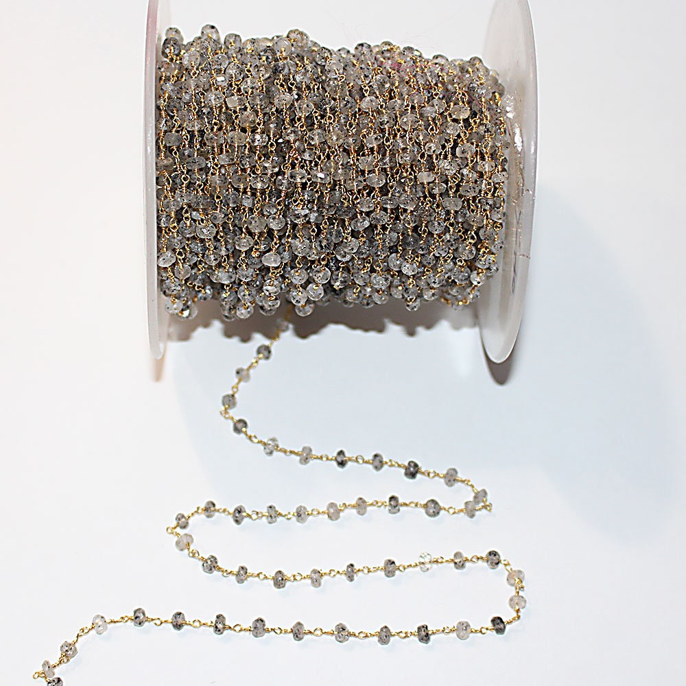 Black Rutile Beads 4mm Rosary Chain, 24K Gold Plated Over Silver Wire Wrapped Natural Semi Precious Gemstone Jewelry Making Chain Necklace