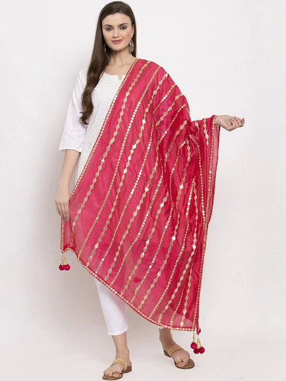 Women's Silk Blend Magenta Pink Gotta Patti Embroidery Dupatta Free Shipping