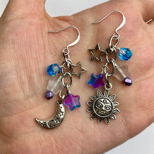 Bright Blue & Purple Sun, Moon + Stars Multi Dangle Earrings | Colorful Czech Glass Beads, Celestial Drop Earrings, Silver Tone Finishes