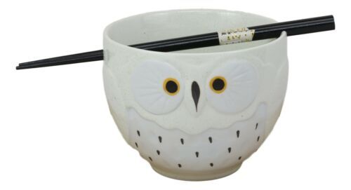 Whimsical Ceramic White Owl Ramen Udong Noodles Soup Bowl With Chopsticks Set