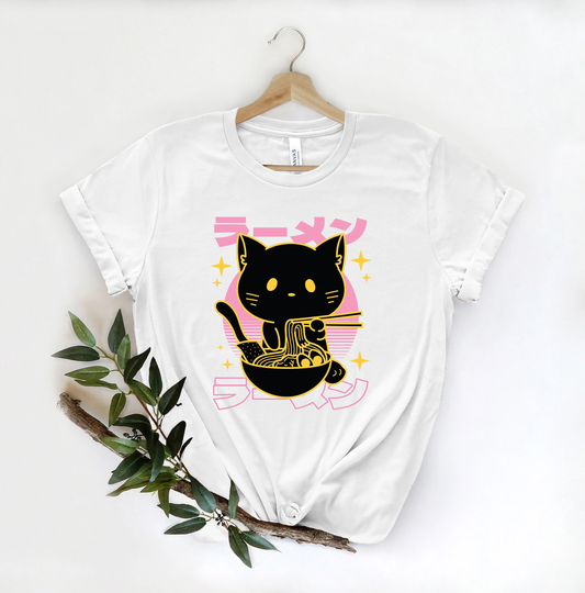 Retro Ramen Cat T-Shirt, Shirt, Kawaii Black Tee, Japanese Noodles Cute Tshirt, Lover Shirt