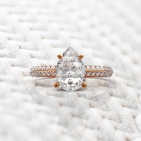 Custom Celebrity Pear Moissanite Engagement Ring 2 Carat 14x7mm Cut & Sided Shank Diamond