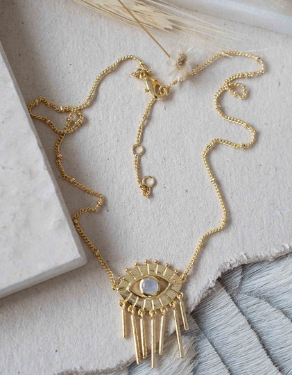 Evil Eye Labradorite, Moonstone Or Copper Turquoise Necklace Gold Plated 18K Handmade Bohemian Layered Modern Perfect Gift Bjn100