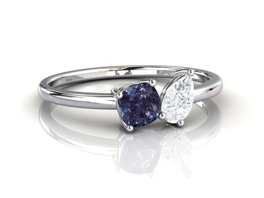 Alexandrite Toi Et Moi Ring, 14K White Gold, Color Change & Moissanite, Stacking Small Engagement Promise Ring