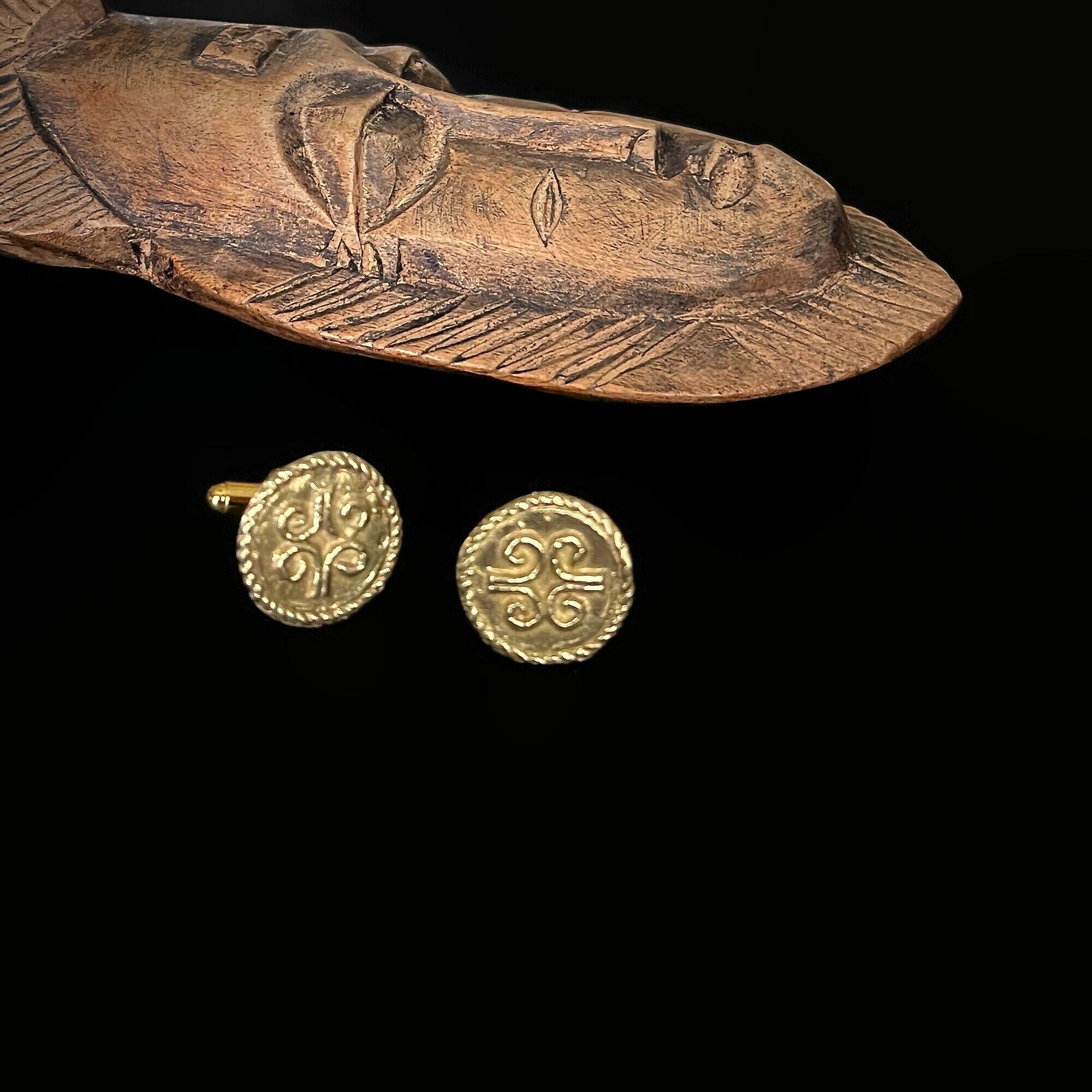 African Adinkra Cufflinks, Gold Akan Solid Brass