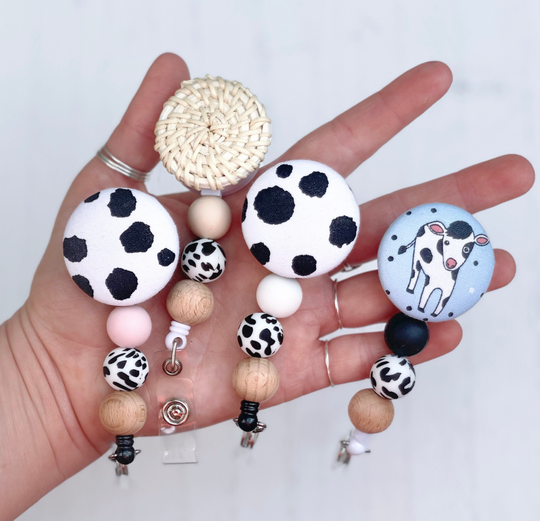 Cow Print Badge Reel, Silicone Beads, Cute Boho, Holder, Retractable Nurse Beaded Interchangeable Reel