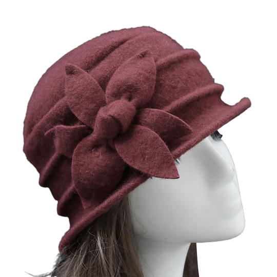 Flower Decor Felt Hat Solid Color Wool Blend Thick Warm Women Winter Hat Fashion Accessories - wine red, one size