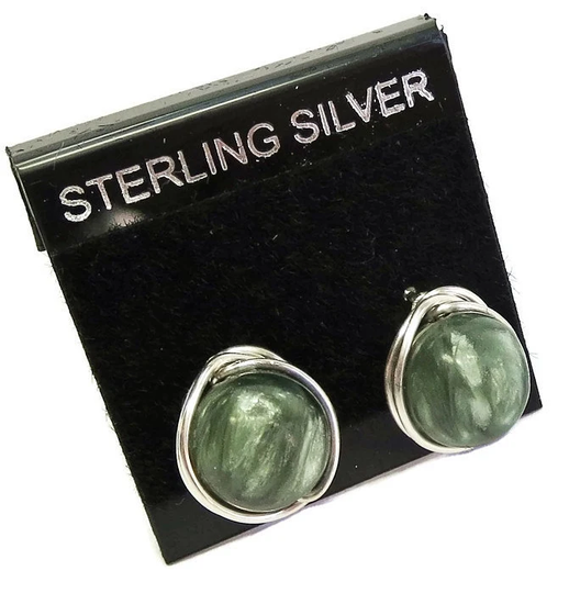 Seraphinite & Sterling Silver Herringbone-Topped Wire-Wrapped Post Earrings
