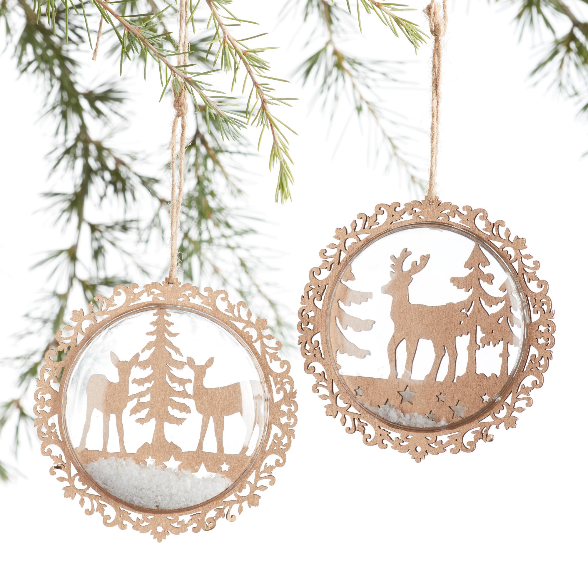 Laser Cut Wood Deer Snowy Disc Ornaments Set of 2: Gold by World Market