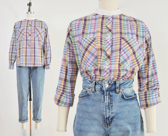 Plaid Blouse | 80S Vintage Cotton Blend Henley Button Down Shirt Medium
