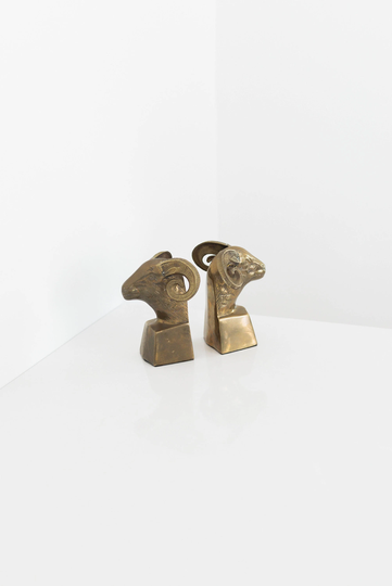 Set Of 2 Vintage Solid Brass Ram Head Bookends | Bust Animal