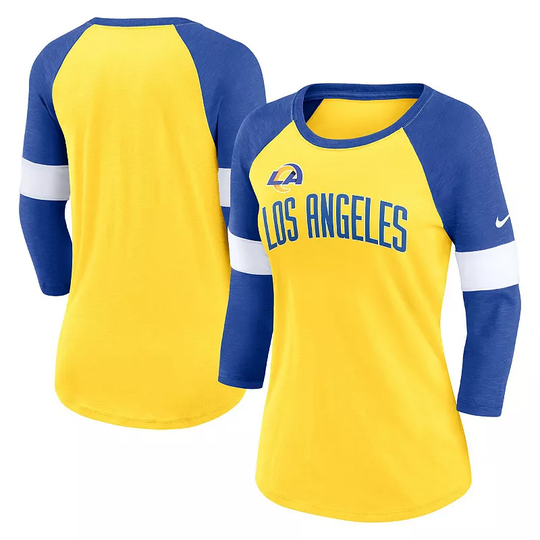 Women's Nike Los Angeles Rams Heathered Gold/Heathered Royal Football Pride Slub 3/4 Raglan Sleeve T-Shirt, Size: Small
