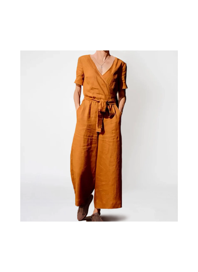Linen Blend Short Sleeve Wrap Jumpsuit, Casual Summer Jumpsuit