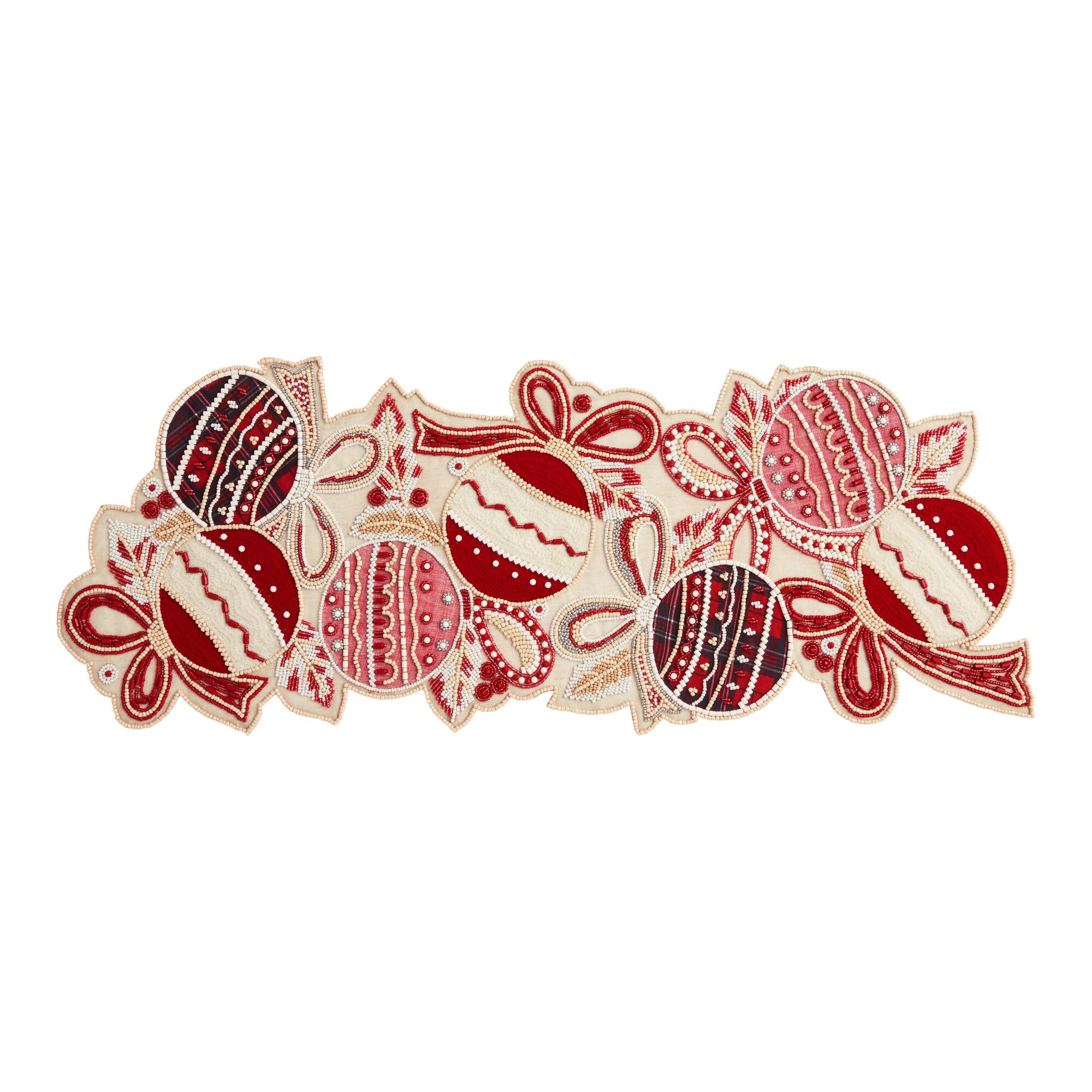 Pier Place Red Beaded Ornament Table Runner: Red/White/Cream - Cotton by World Market