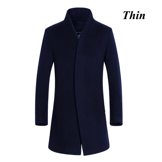 Winter New Men's Fine Wool Blend Solid Color Casual Business Stand Collar Woolen Coats / Male Slim Windbreaker Coat Men Jackets - navy blue thin, l