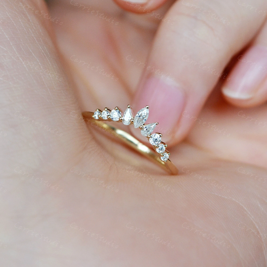Vintage Moissanite Curved Band/ Solid Gold Matching Band/Unique Wedding Band/stackable Band For Women