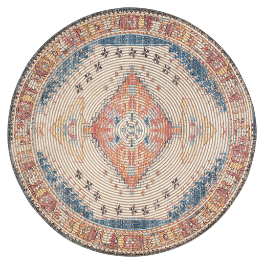 Round Ivory and Red Distressed Jute Blend Beso Area Rug: Blue/Red/Multi - Natural Fiber by World Market