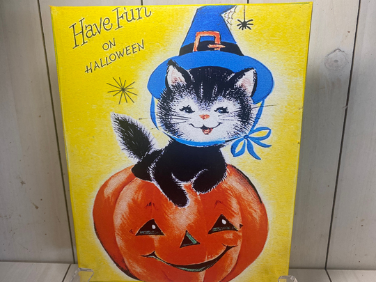 Vintage Halloween Witch Cat Sign, Victorian Wall Decor, Antique Decor