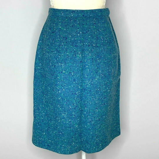 Vintage Boucle Wool Blend Pencil Skirt S Blue Lined Darts Side Zip Knee Length