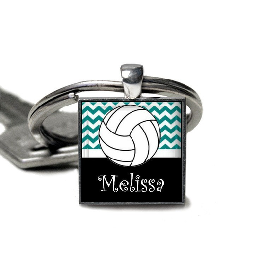 Personalized Teal Chevron Volleyball Square Pendant Keychain15 Color Choices Mom, Team Gift High School Varsity Jv