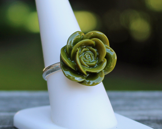 Dark Sage Green Flower On Silver Adjustable Ring