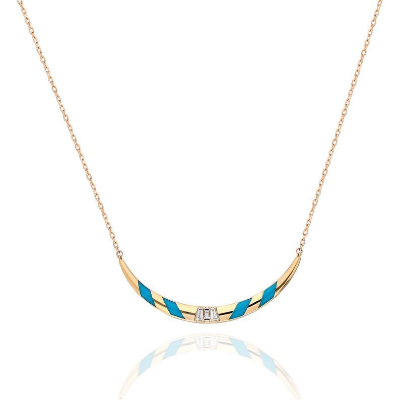 Turquoise Enamel Necklace, Unique Design Curved Fashion 14K Gold Baguette & Trapeze Diamond Perfect Gift For Her