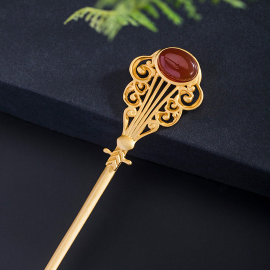 Nice Retro Gild S925 Sterling Silver China Qin Shape Red Agate Bead Hairpin