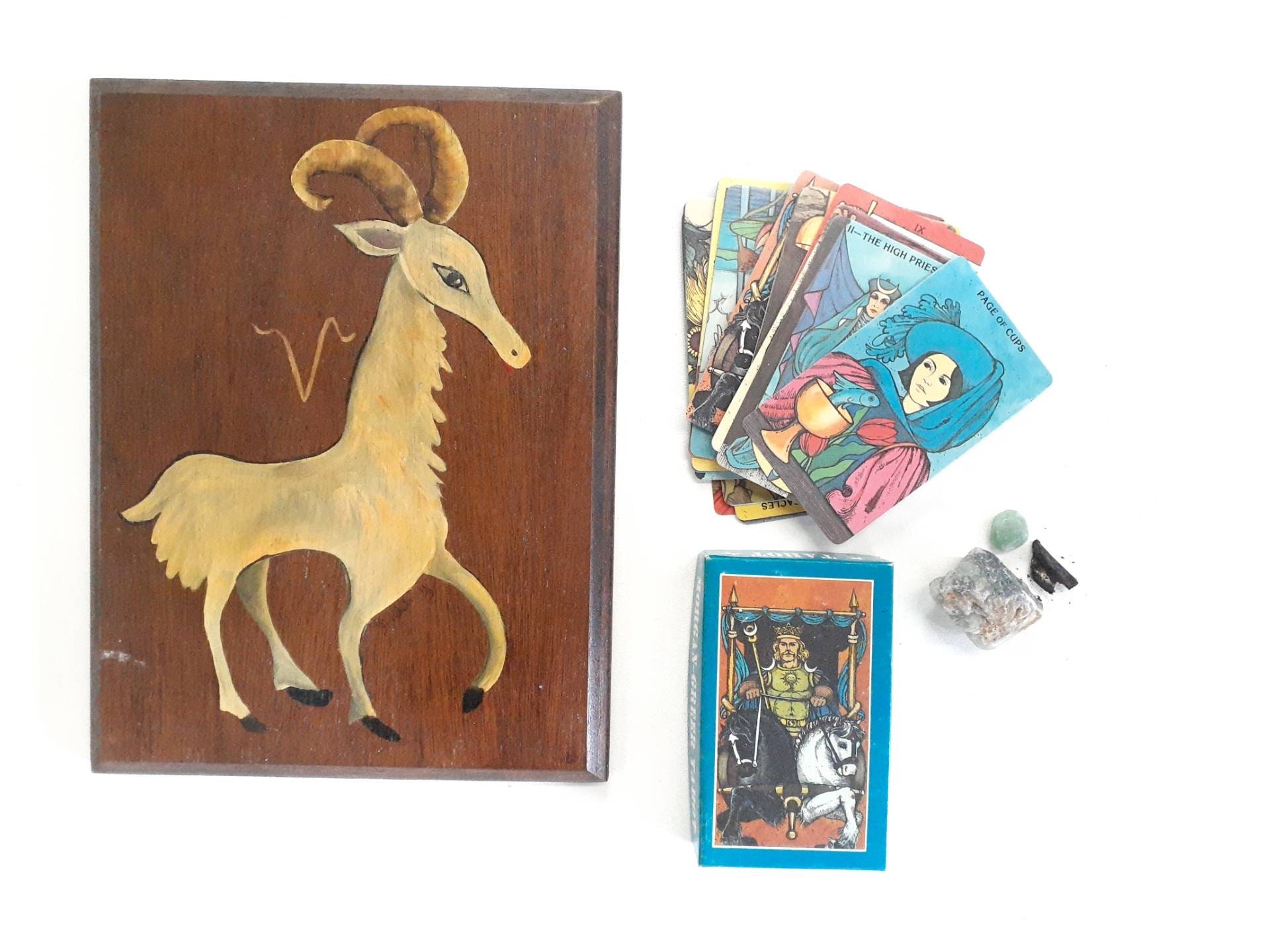 Aries Wall Plaque Hand Painted Vintage Ram Folk Art Wood 12x9
