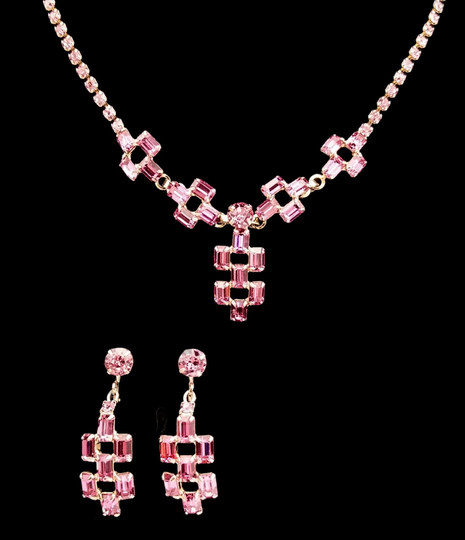 Pink Baguettes Geometric Rhinestone Necklace & Screw Back Dangly Earrings Set