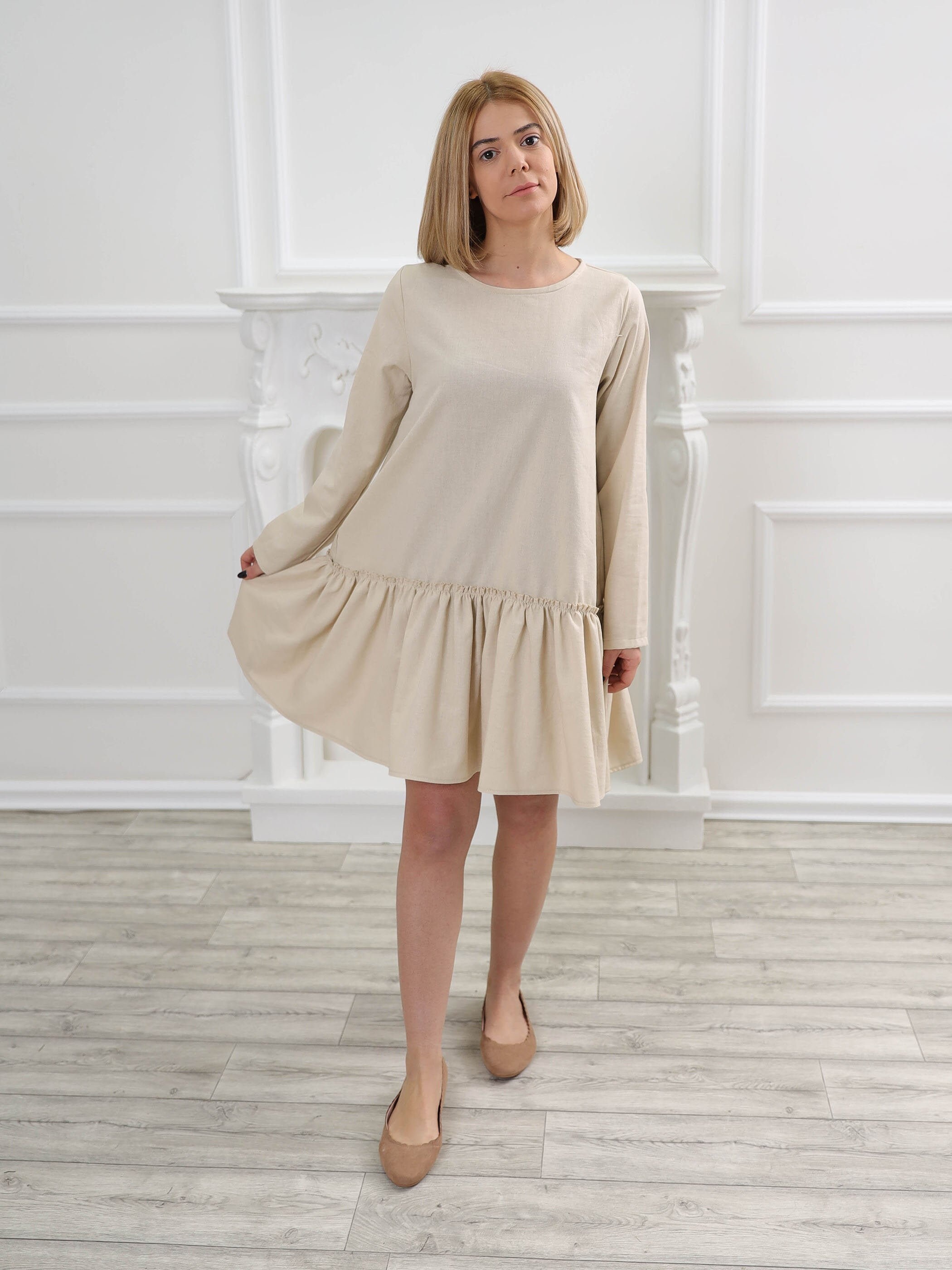 Beige Linen Midi Dress With Pockets, Relaxed Beach in Size, Organic Tunic