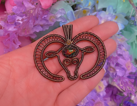 Wire Wrap Aries Ram - Black Opal Zodiac Pendant Necklace