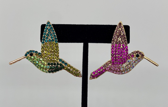 Hummingbird Earrings, Gold Plated, Pink & Green Rhinestones, Garden Bird, Aviary, Birdbath, Wings, Sparkly, Cute