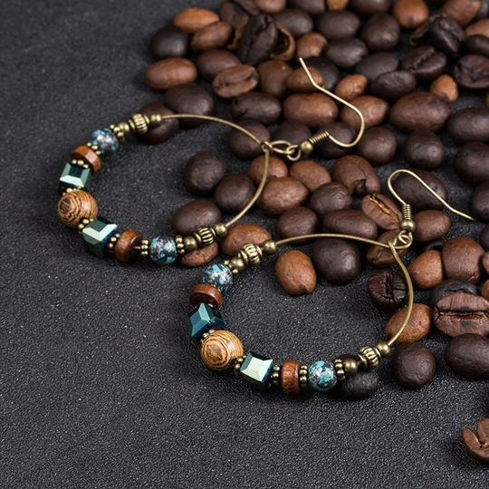 Bohemian Crystal Earrings For Women Ethnic Big Circle Round Hollow Tassel Earring Vintage Metal Wooden Beads Earing Jewelry Gift