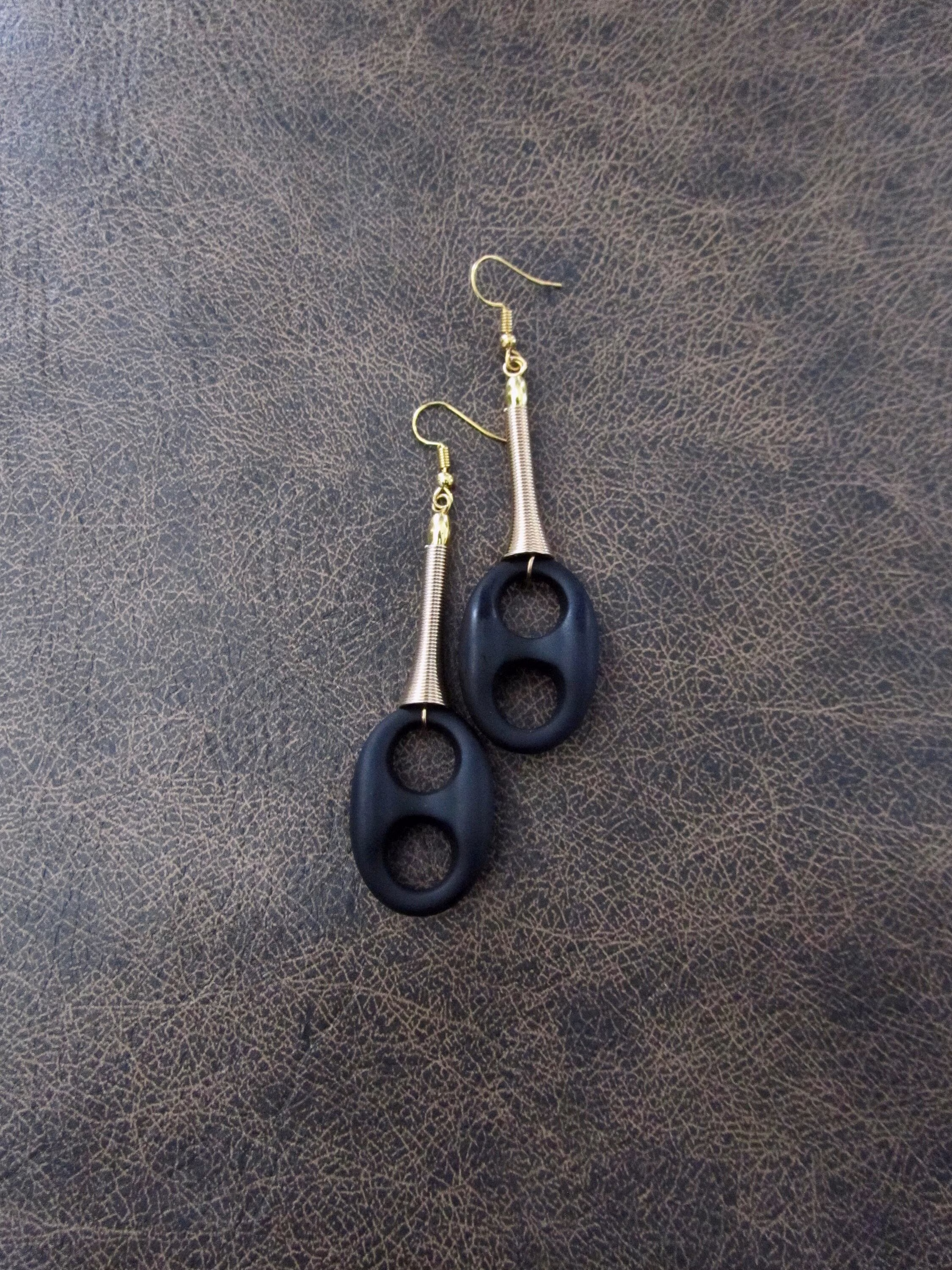 Bold Earrings, Black Rubber Modern Unique Art Deco Chunky Statement Gold Brass Long