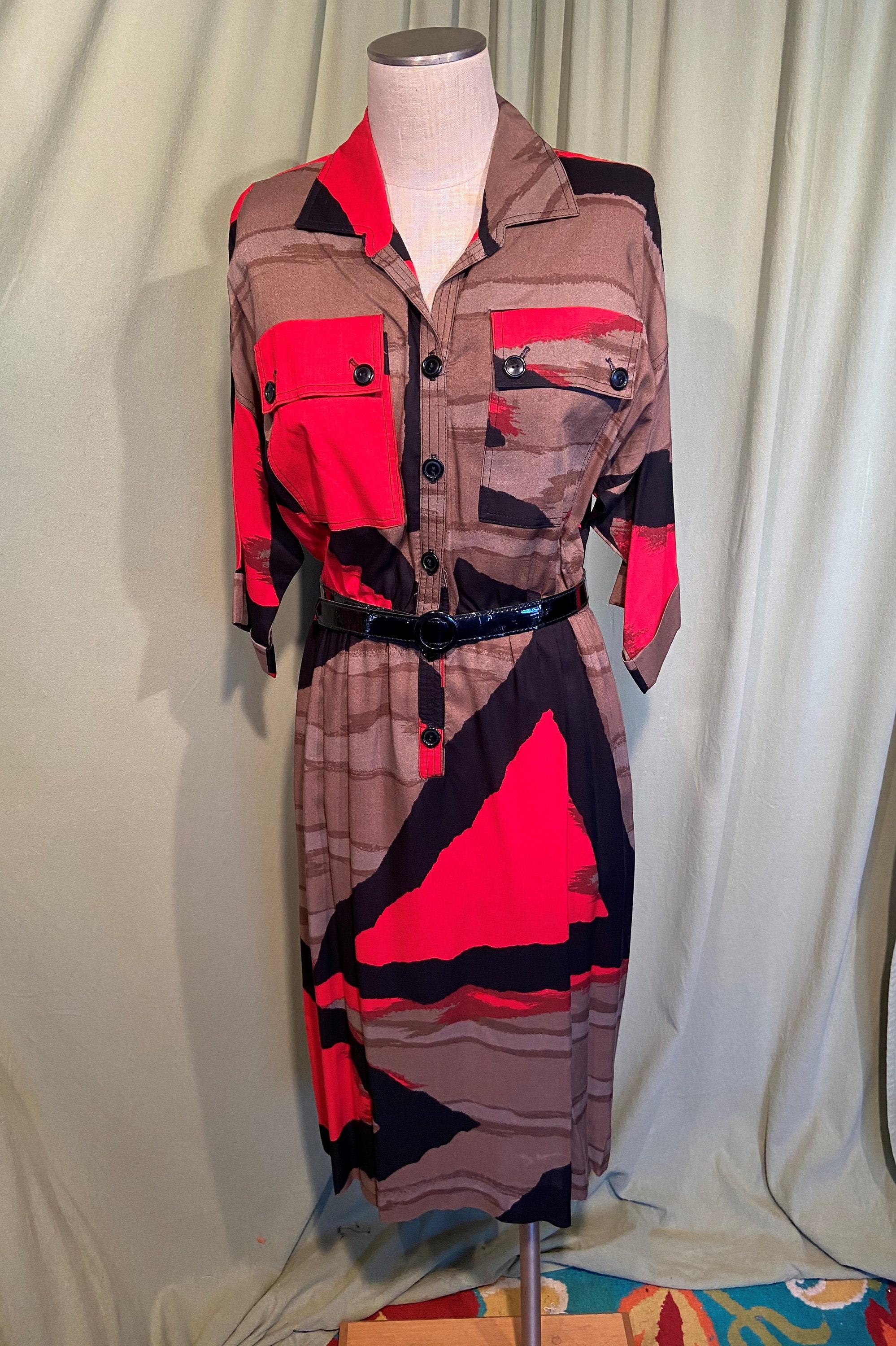 Sweet Original Vintage 80S Cotton Blend Black, Brown & Red Abstract Print 3/4 Sleeve Button Front Shirt Dress Bust 44 Waist 28 To 36