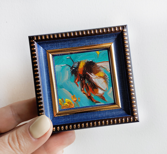 Bumblebee Artwork Turquoise Oil Painting Original 2x2, Honey Bee Home Decor Wall Art Mini Funny Gift For Girl